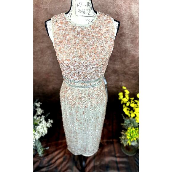 Mac Duggal Sleeveless High Neck Beaded Sheath Dress Nude 4 - Picture 6 of 14